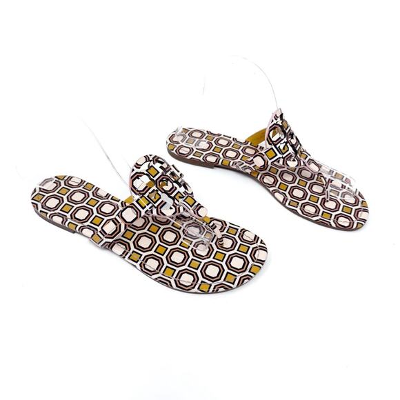 TORY BURCH Yellow Pink Geometric Print Patent Leather Miller Sandals Size 8 - Picture 4 of 10